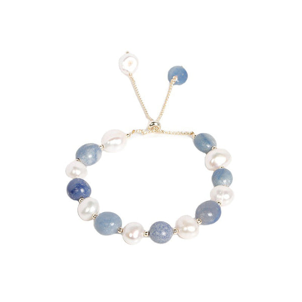 Natural Blue Aventurine & Freshwater Pearl Adjustable Bracelet — Elegant Healing Jewelry