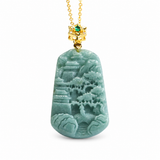 Authentic Grade A Jadeite "Shan Shui" Landscape Pendant — Blue Water Jade Necklace
