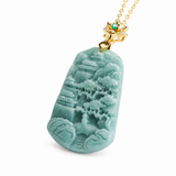 Authentic Grade A Jadeite "Shan Shui" Landscape Pendant — Blue Water Jade Necklace