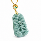 Authentic Grade A Jadeite "Shan Shui" Landscape Pendant — Blue Water Jade Necklace