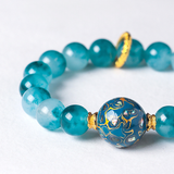 Natural Blue Chalcedony Beaded Bracelet with Handmade Lacquer Bead — Vintage Artistic Jewelry