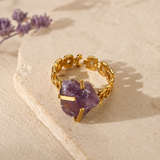 Gold-Plated Stainless Steel Raw Stone Statement Ring — Bold Natural Crystal Jewelry