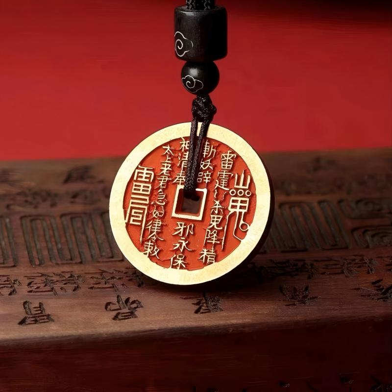 Authentic Taoist Bagua Coin Pendant — Cinnabar Brass Protection Amulet Necklace