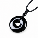 Natural Black Obsidian Donut Pendant Necklace — Ping An Kou Protection Amulet