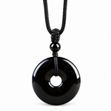 Natural Black Obsidian Donut Pendant Necklace — Ping An Kou Protection Amulet