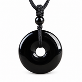 Natural Black Obsidian Donut Pendant Necklace — Ping An Kou Protection Amulet