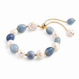 Natural Blue Aventurine & Freshwater Pearl Adjustable Bracelet — Elegant Healing Jewelry