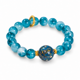 Natural Blue Chalcedony Beaded Bracelet with Handmade Lacquer Bead — Vintage Artistic Jewelry