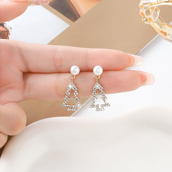 Pearl-Look Sparkling Christmas Tree Drop Earrings
