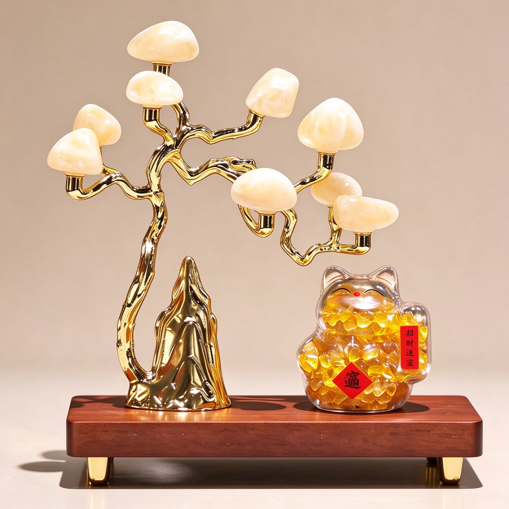 Natural Citrine Money Tree with Lucky Cat | Wealth Attracting Office Decoration Grand Opening Housewarming Gift