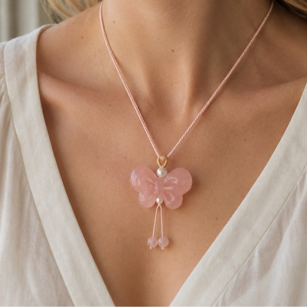 Peach Blossom Butterfly Quartzite Jade Pendant Necklace