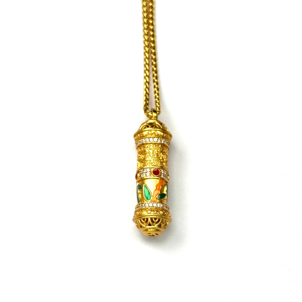 Sand Gold 3D Carved Column Zen Mantra Pendant — Sacred Buddhist Jewelry Necklace
