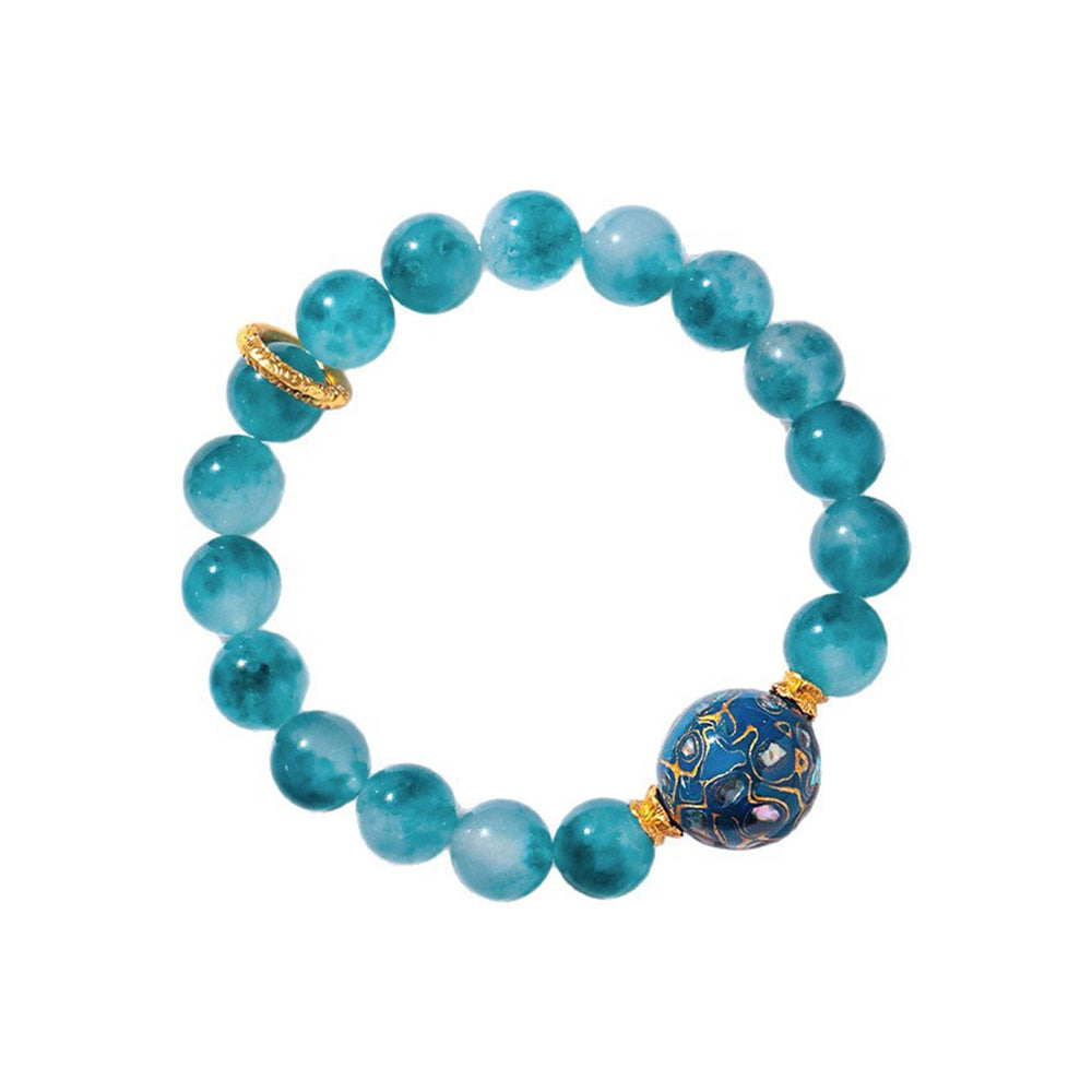 Natural Blue Chalcedony Beaded Bracelet with Handmade Lacquer Bead — Vintage Artistic Jewelry