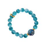 Natural Blue Chalcedony Beaded Bracelet with Handmade Lacquer Bead — Vintage Artistic Jewelry