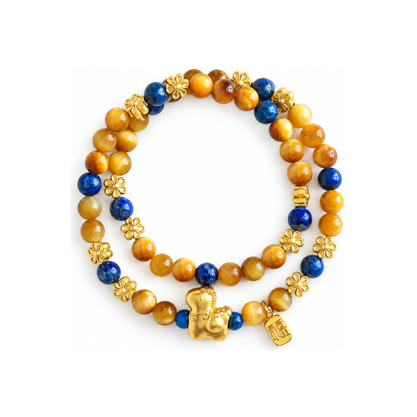 Natural Golden Tiger Eye Double Wrap Bracelet with Fortune Charms — Protection & Wealth Jewelry