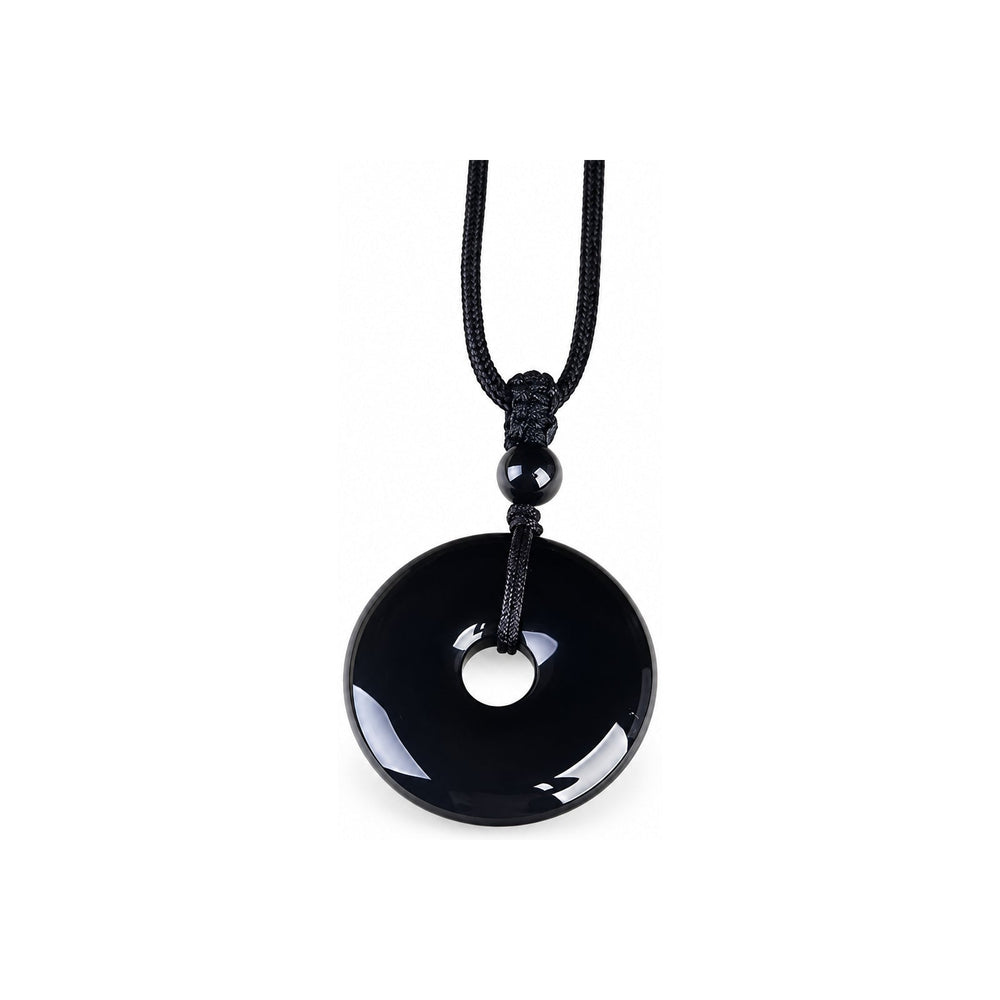 Natural Black Obsidian Donut Pendant Necklace — Ping An Kou Protection Amulet