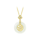 Authentic White Hetian Jade "Ping An Kou" Pendant — Gold "Fu" Fortune Necklace