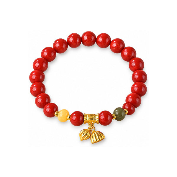 Cinnabar Beaded Bracelet with Gold-Tone Charm