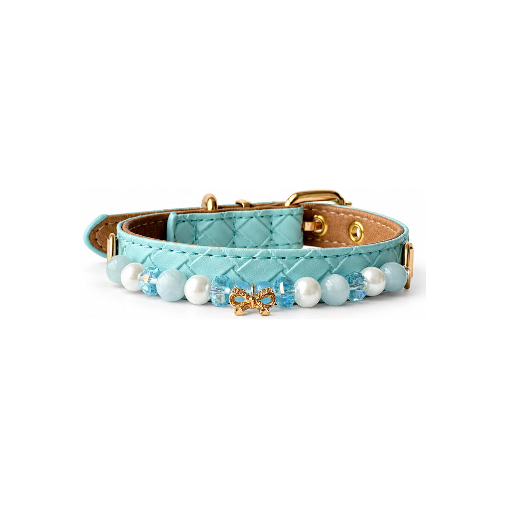 Aqua Bow Natural Stone Beaded Pet Collar