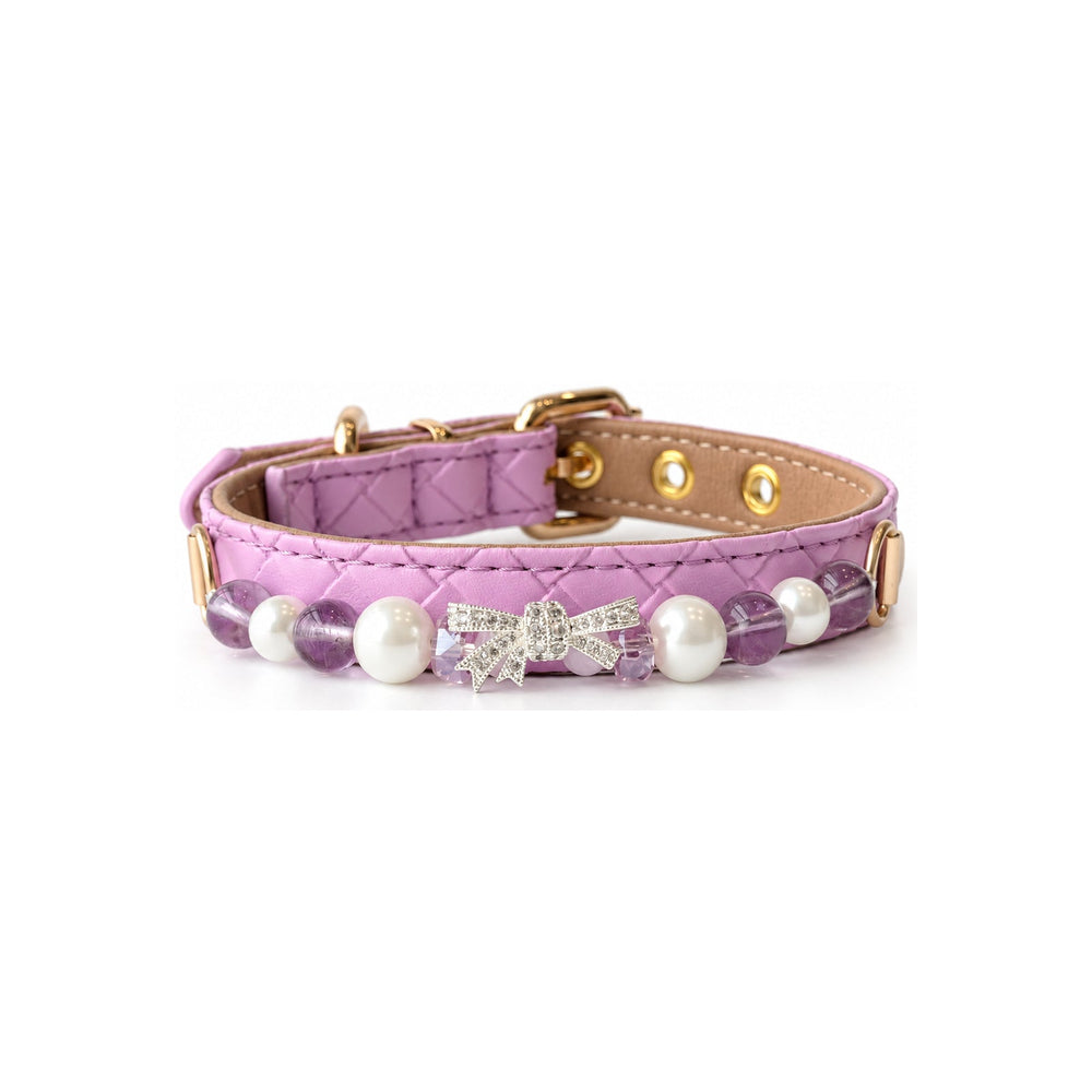 Lilac Bow Natural Stone Beaded Pet Collar