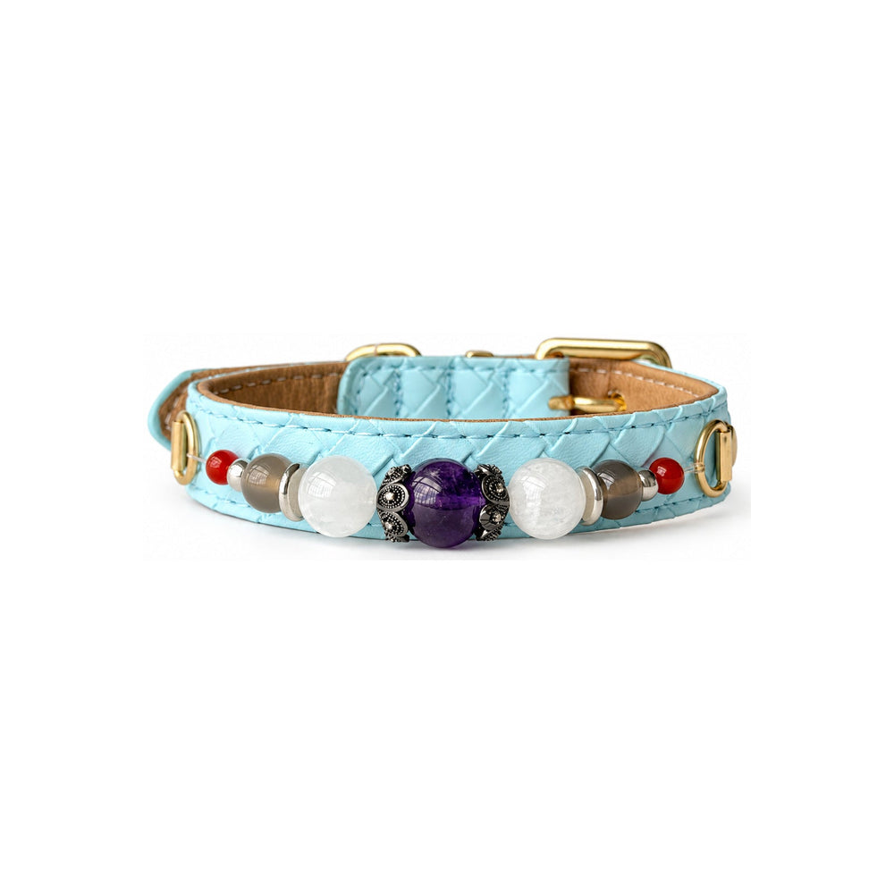 Haustierhalsband aus Natursteinperlen in Violett und Himmelblau