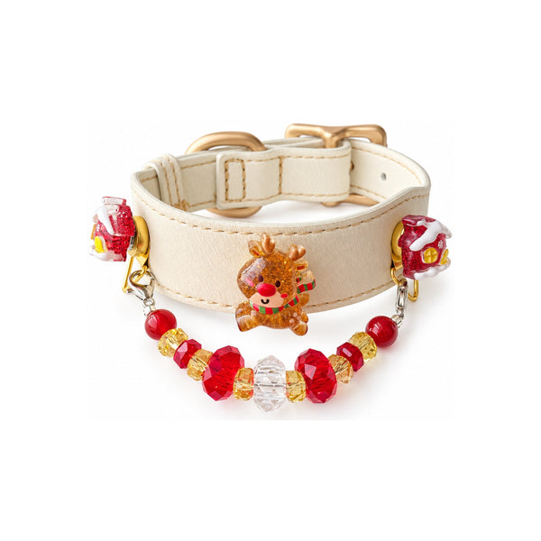 Scarlet Reindeer Cream Beaded Pet Collar