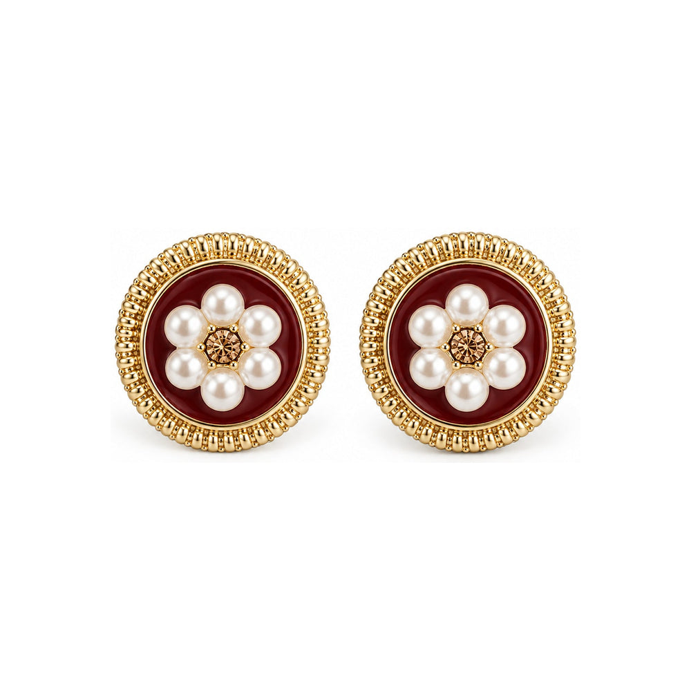 Burgunderrote florale Ohrstecker in Perlenoptik — Romantischer Statement-Schmuck