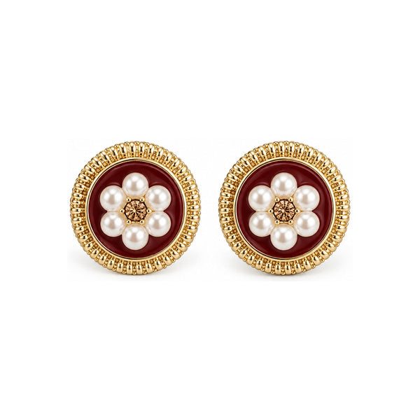 Burgundy Floral Pearl-Look Stud Earrings — Romantic Statement Jewelry