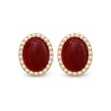 Burgundy Oval Halo Stud Earrings
