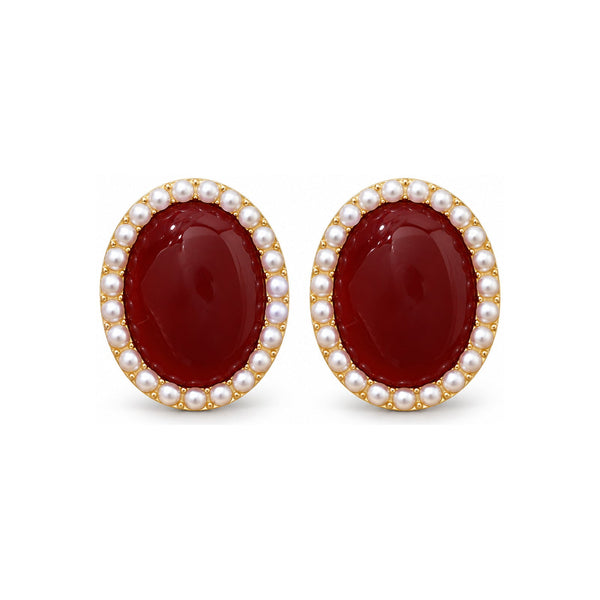 Burgundy Oval Halo Stud Earrings