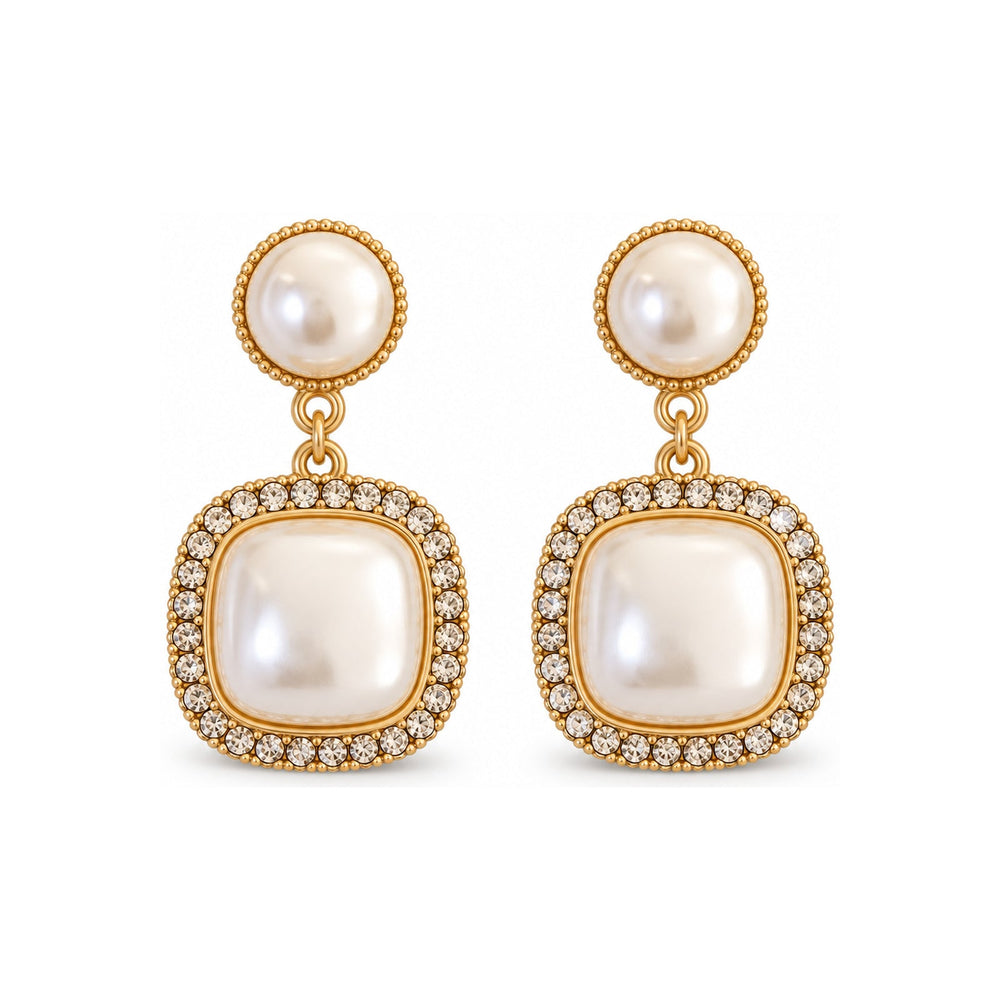 Square Pearl-Look Halo Drop Earrings — Modern Sparkling Jewelry