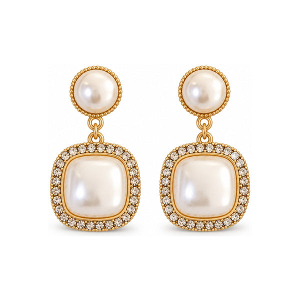 Square Pearl-Look Halo Drop Earrings — Modern Sparkling Jewelry