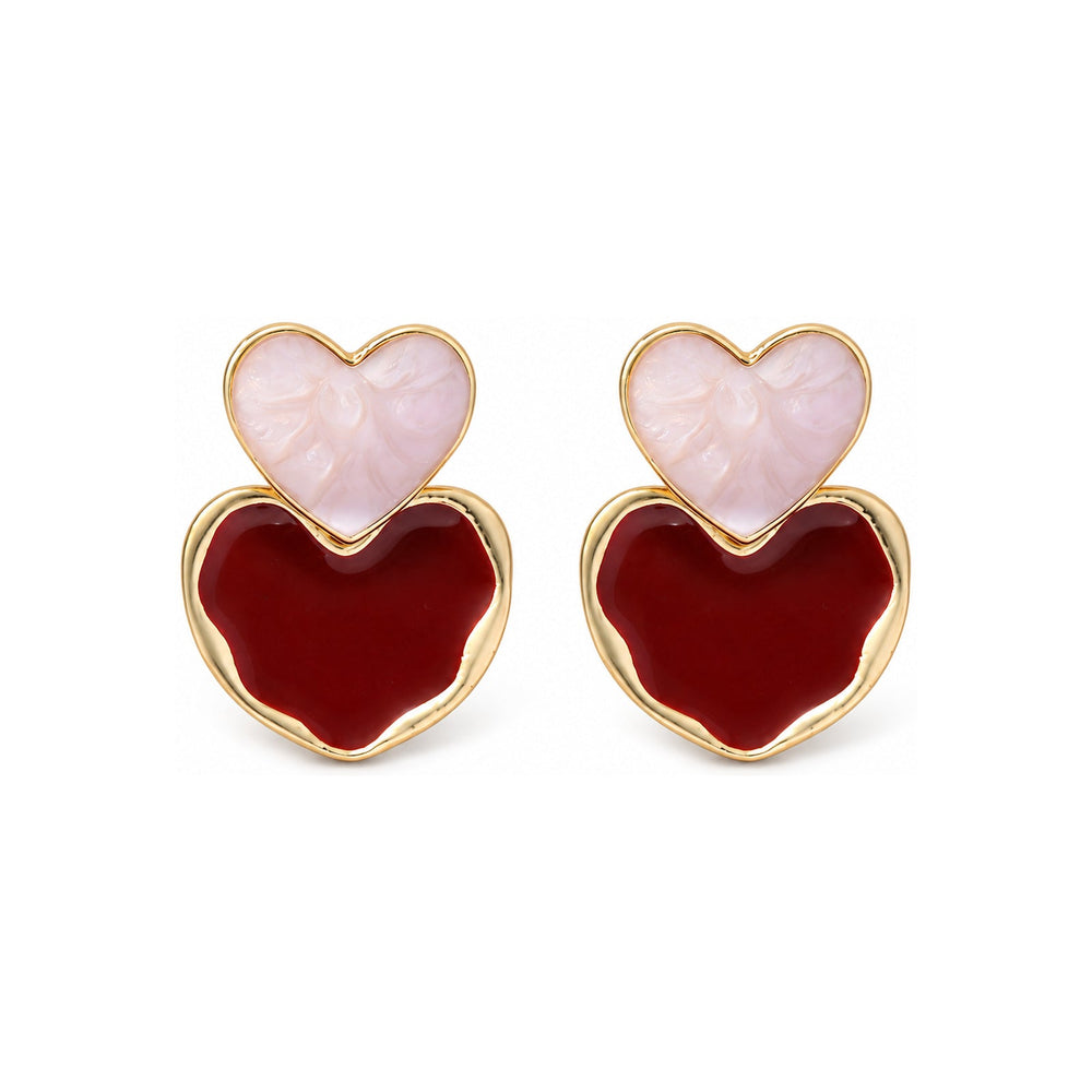 Burgundy Double Heart Drop Earrings