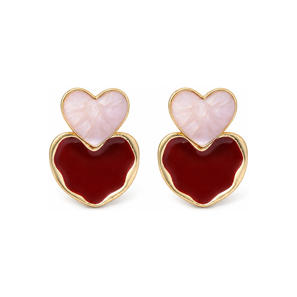 Burgundy Double Heart Drop Earrings