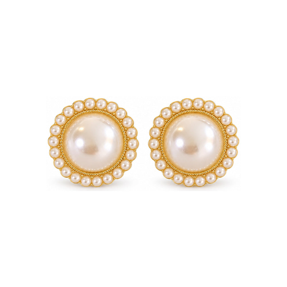 Round Pearl-Look Halo Stud Earrings — Sparkling Elegant Jewelry