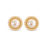 Round Pearl-Look Halo Stud Earrings — Sparkling Elegant Jewelry