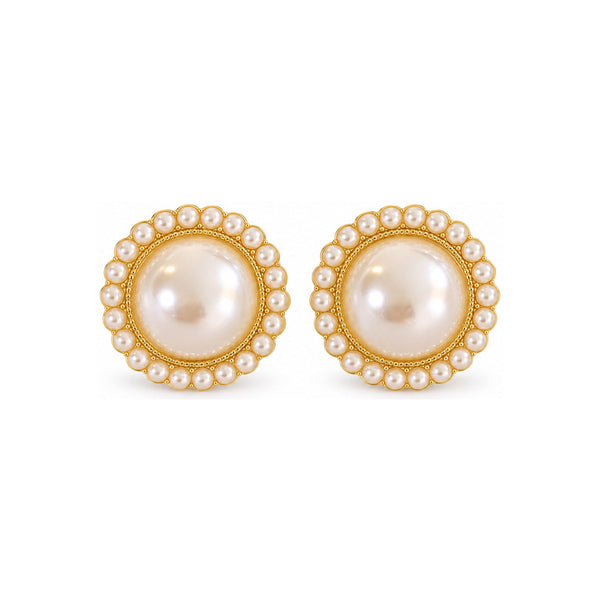 Round Pearl-Look Halo Stud Earrings — Sparkling Elegant Jewelry