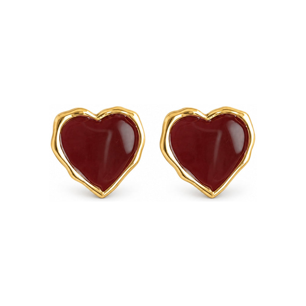 Burgundy Heart Gold-Tone Stud Earrings