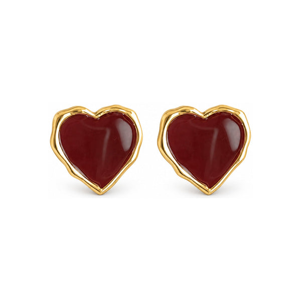 Burgundy Heart Gold-Tone Stud Earrings