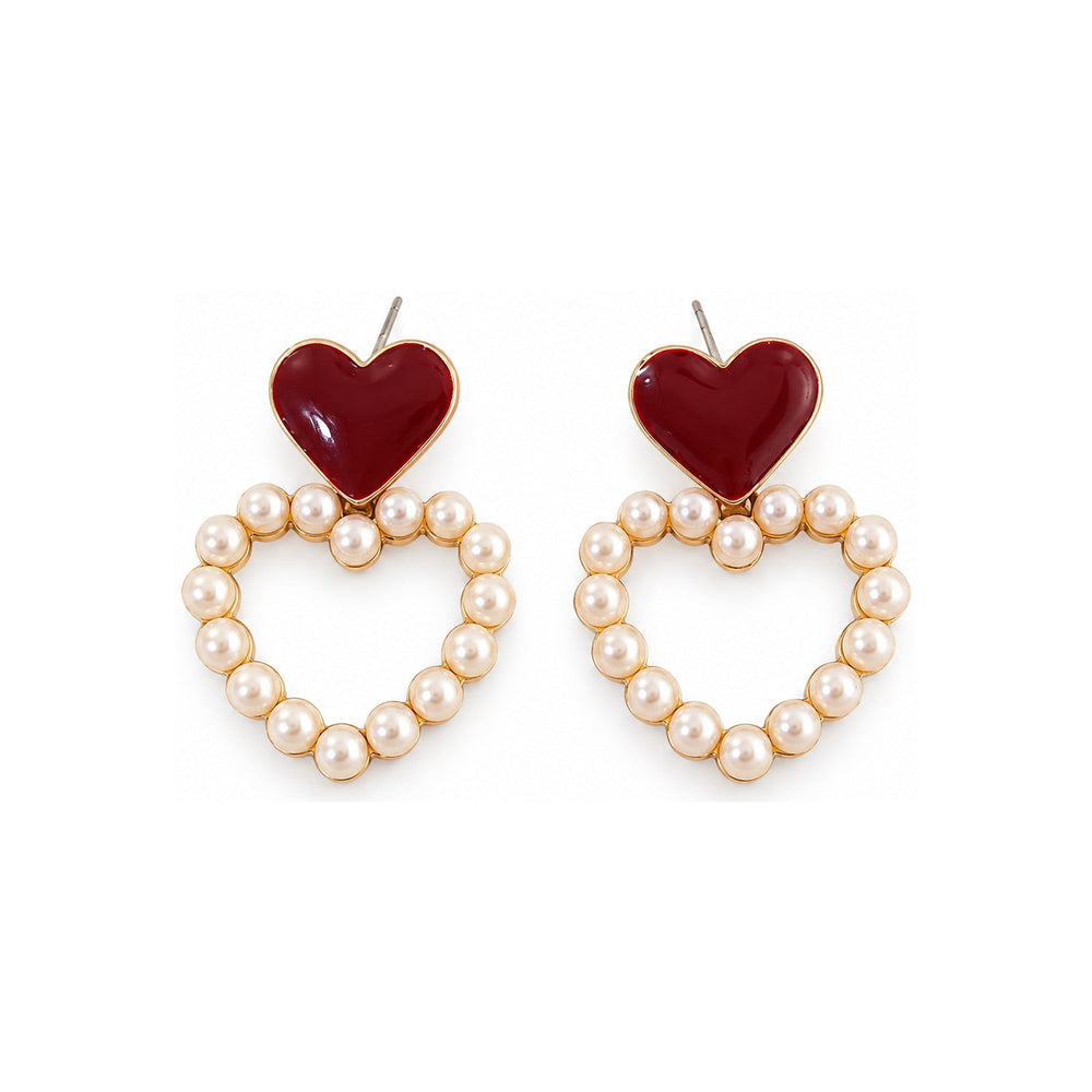 Burgundy Heart Pearl-Look Hoop Drop Earrings — Romantic Statement Jewelry