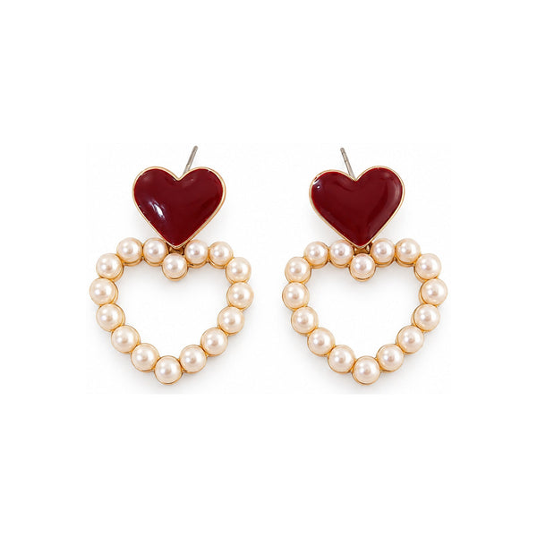 Burgundy Heart Pearl-Look Hoop Drop Earrings — Romantic Statement Jewelry