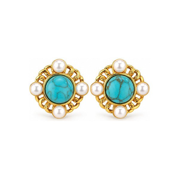 Turquoise-Tone Pearl-Look Floral Stud Earrings — Vibrant Boho Jewelry