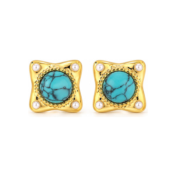 Turquoise-Tone Pearl-Look Corner Stud Earrings — Boho Chic Jewelry
