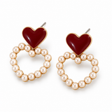 Burgundy Heart Pearl-Look Hoop Drop Earrings — Romantic Statement Jewelry