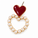 Burgundy Heart Pearl-Look Hoop Drop Earrings — Romantic Statement Jewelry