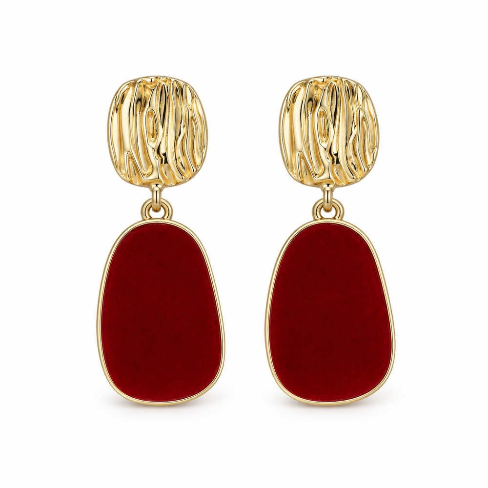 Burgundy Oval Gold-Tone Drop Earrings