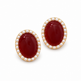 Burgundy Oval Halo Stud Earrings