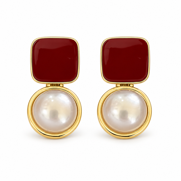 Burgundy Square Pearl-Look Drop Earrings — Bold Romantic Jewelry