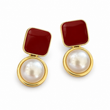 Burgundy Square Pearl-Look Drop Earrings — Bold Romantic Jewelry