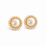 Round Pearl-Look Halo Stud Earrings — Sparkling Elegant Jewelry